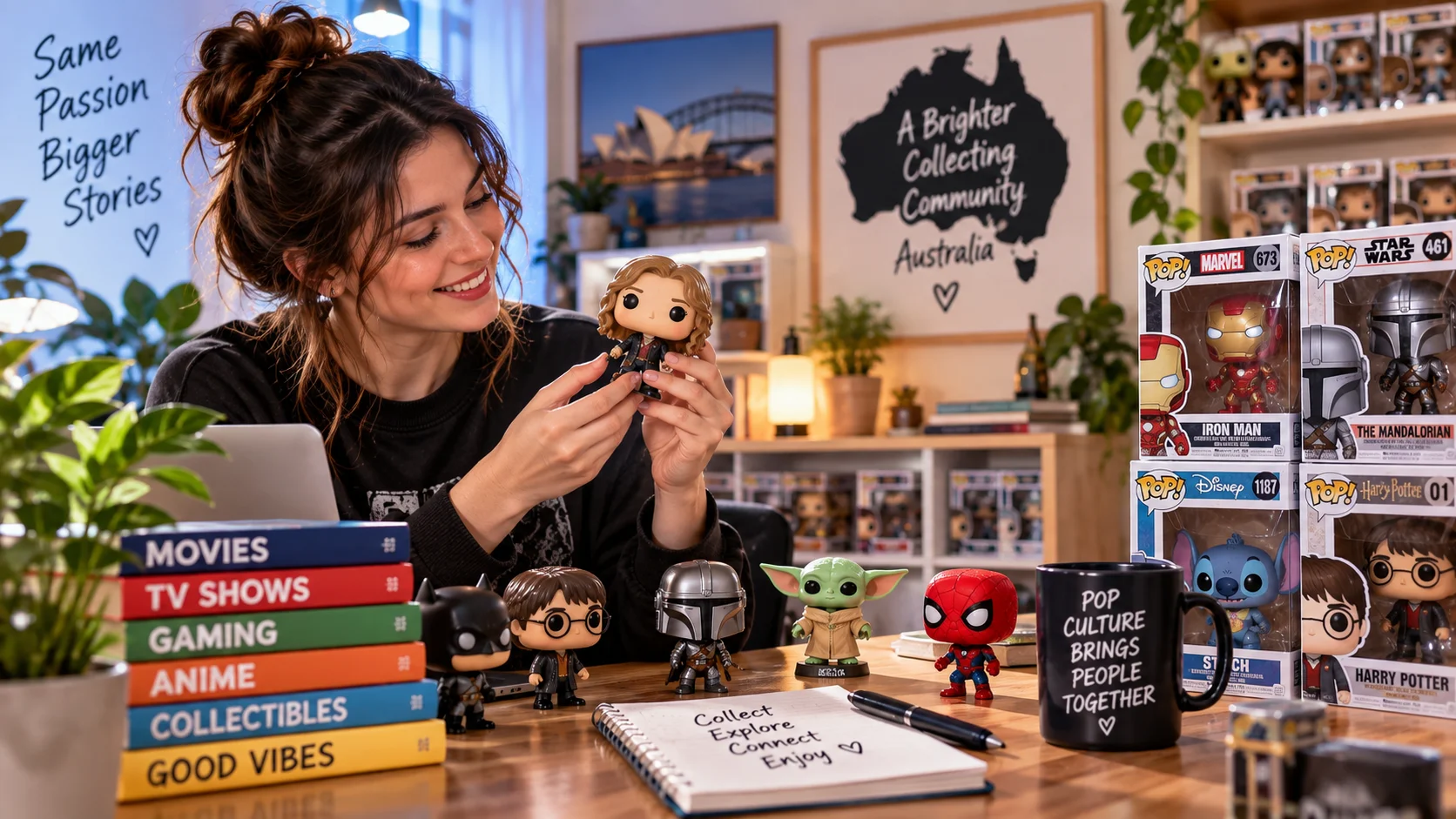 Funko Pop collector surrounded by collectible figures and displays in Australia