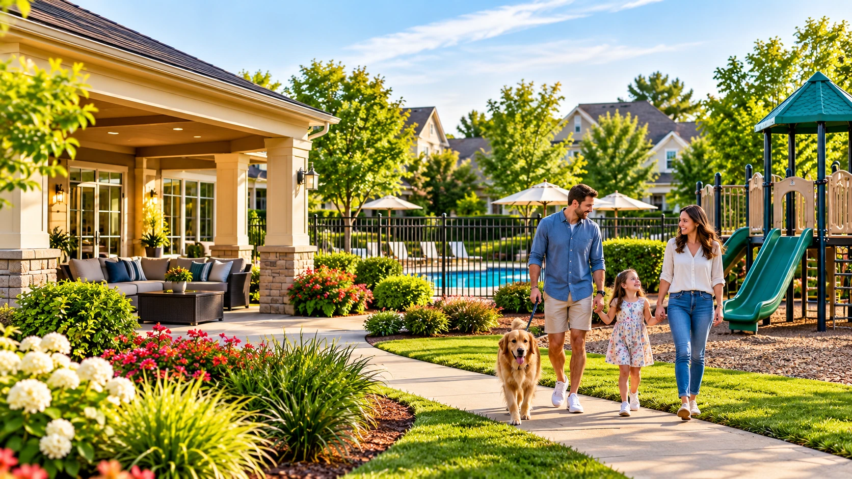 Family enjoying well-maintained HOA community amenities with landscaping, pool, and playground