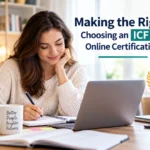 Woman studying an ICF life coach online certification program at home