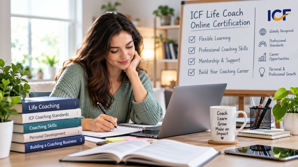 Woman studying life coaching skills online with laptop and ICF certification materials