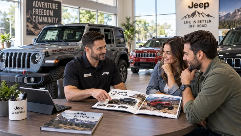 Customers comparing Jeep vehicles with a salesperson at a modern dealership showroom