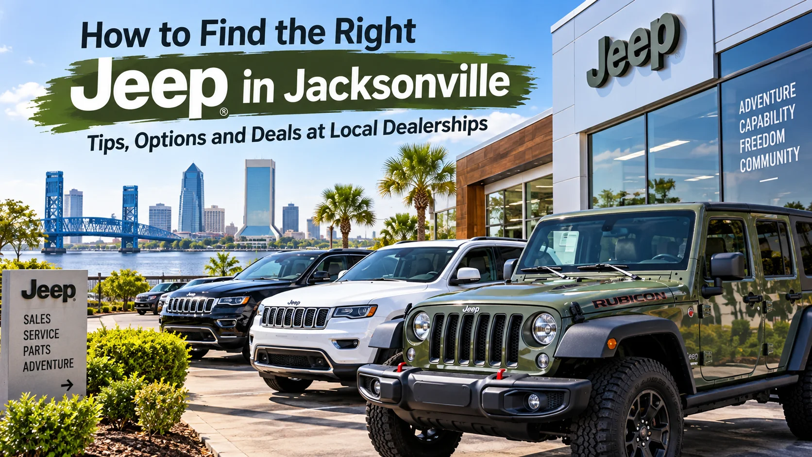 Jeep vehicles displayed outside a Jacksonville dealership with the city skyline in the background