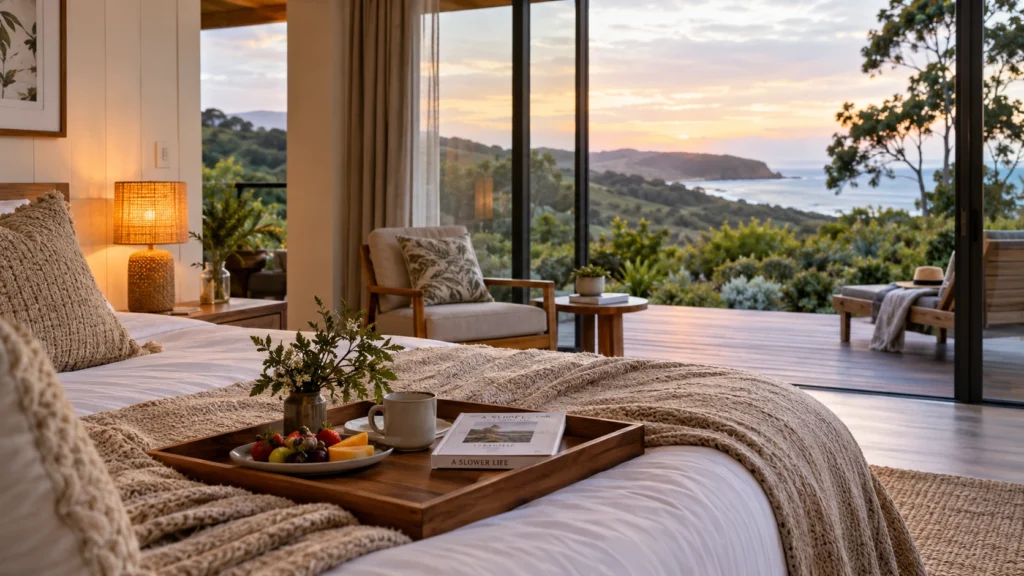 Luxury South Coast retreat interior with a comfortable bed, natural decor, and scenic coastal views