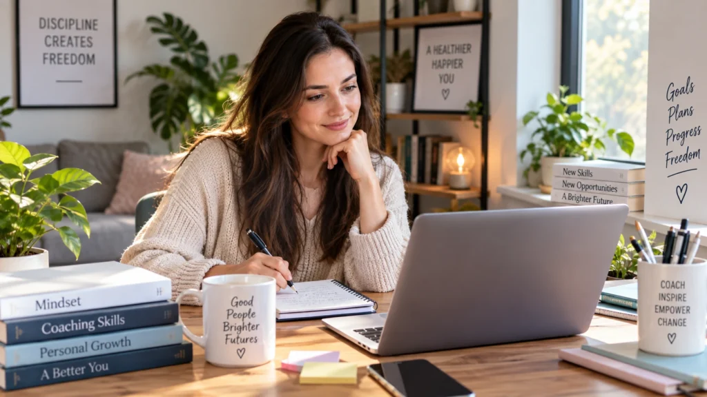 Woman studying for an online life coach certification program at home