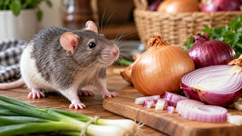 Pet rat sniffing yellow, red, and green onions on a kitchen cutting board