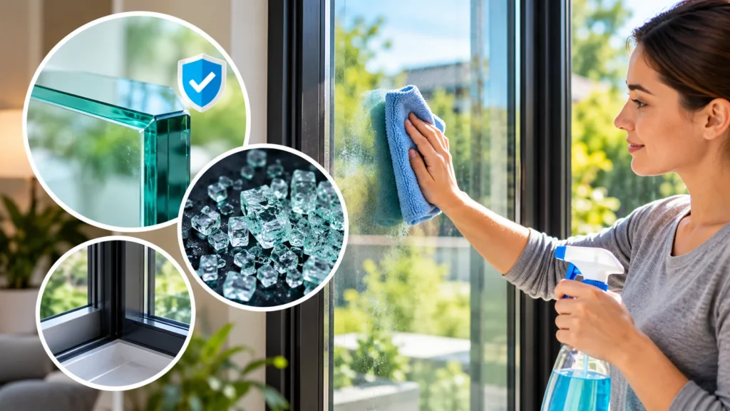 Woman cleaning a tempered glass window with a microfiber cloth, showing safety glass and its shatter-resistant design