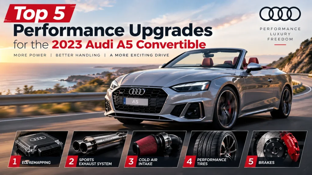 2023 Audi A5 Convertible with five performance upgrades including ECU tuning, sports exhaust, cold air intake, performance tires, and brakes