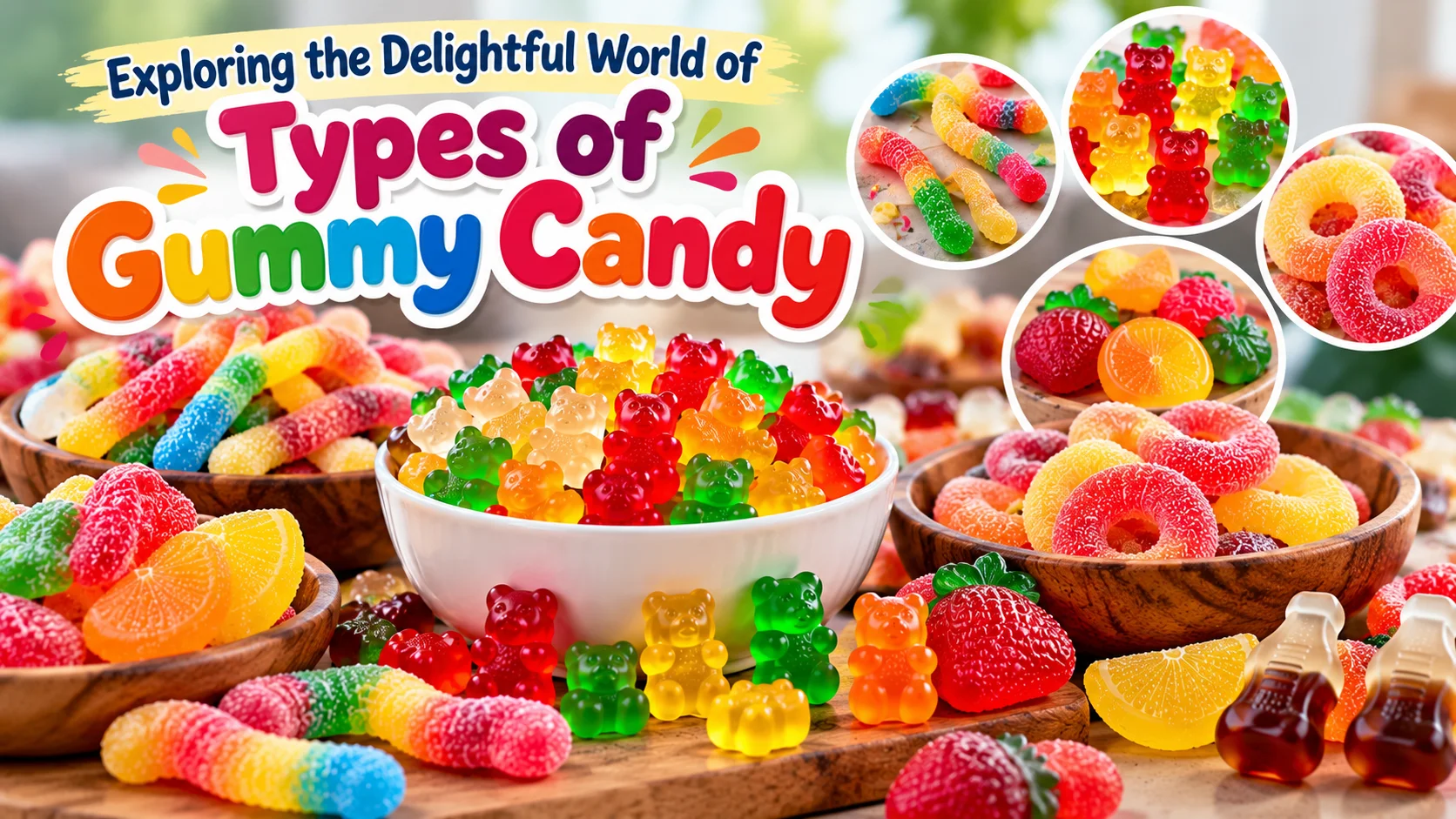 Types of gummy candy including gummy bears, worms, rings, fruit gummies, and cola bottles