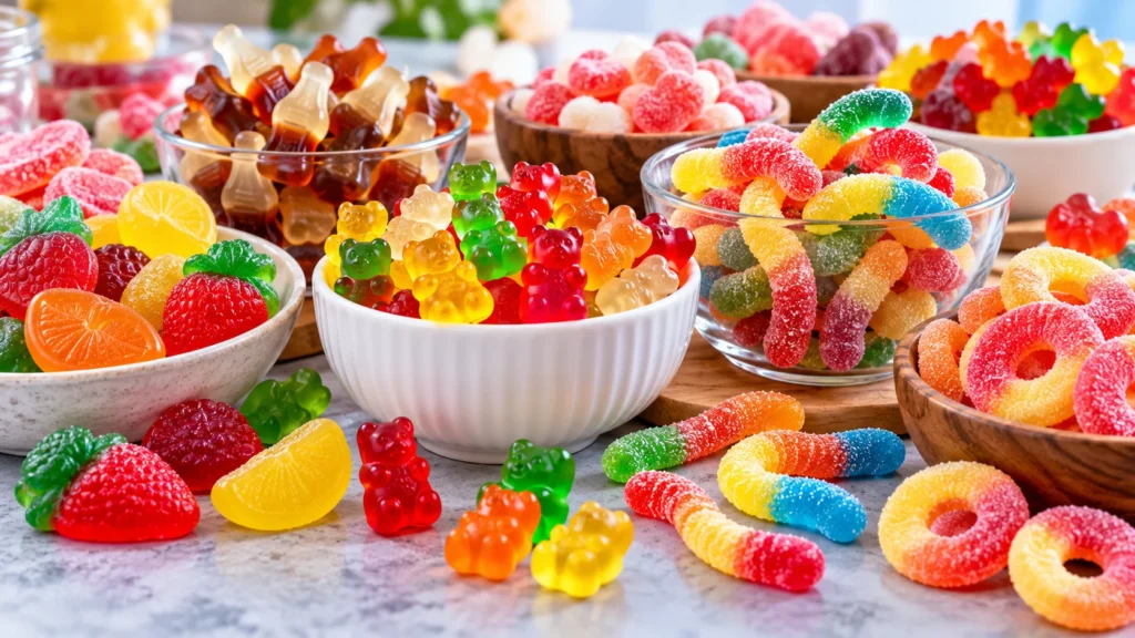 Different types of gummy candy including gummy bears, worms, fruit shapes, rings, and gummy bottles