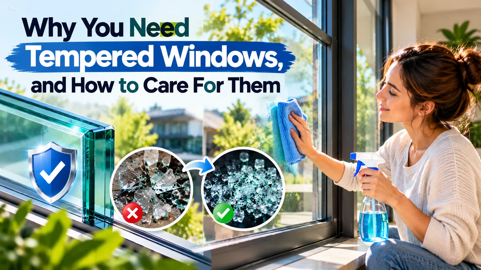 Tempered windows safety and care guide showing a woman cleaning a window and the difference between tempered glass fragments and sharp broken glass