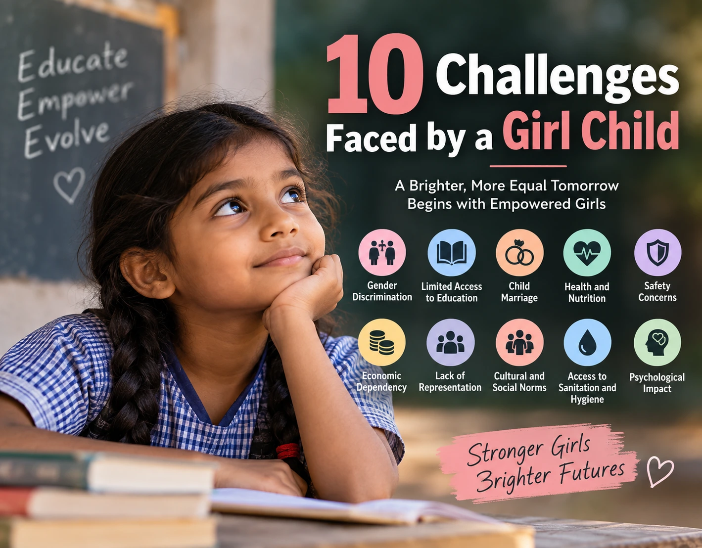 10 challenges faced by a girl child including education, discrimination, health, safety, and child marriage