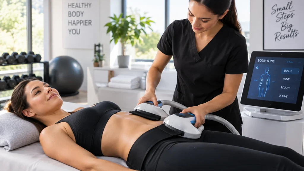 Woman receiving targeted body tone muscle stimulation treatment in a wellness studio
