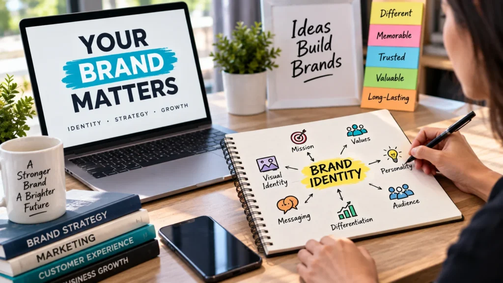 Brand identity strategy with a business professional developing mission, values, messaging, audience, differentiation, and visual identity