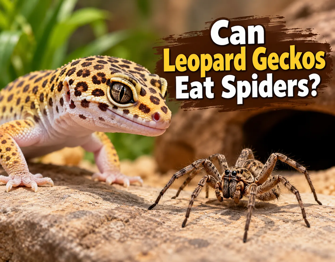 Leopard gecko and spider in a terrarium illustrating whether leopard geckos can eat spiders