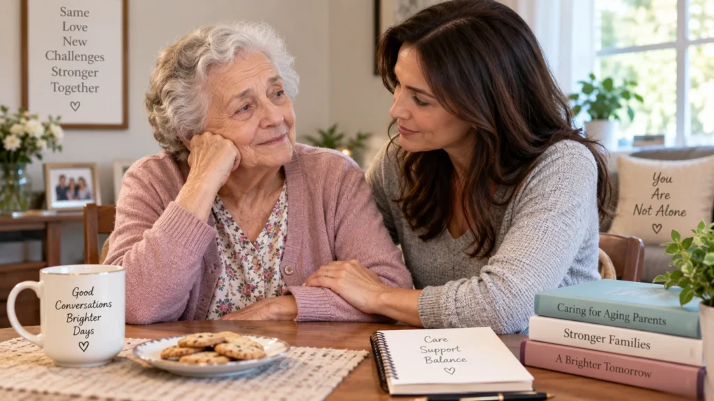 Adult daughter providing compassionate support and companionship to her elderly mother