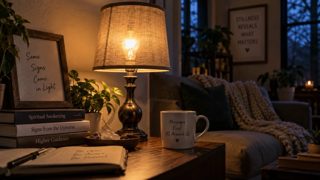 Cozy room with a flickering lamp, spiritual books, crystals, candles, and a journal representing the spiritual meaning of flickering lights