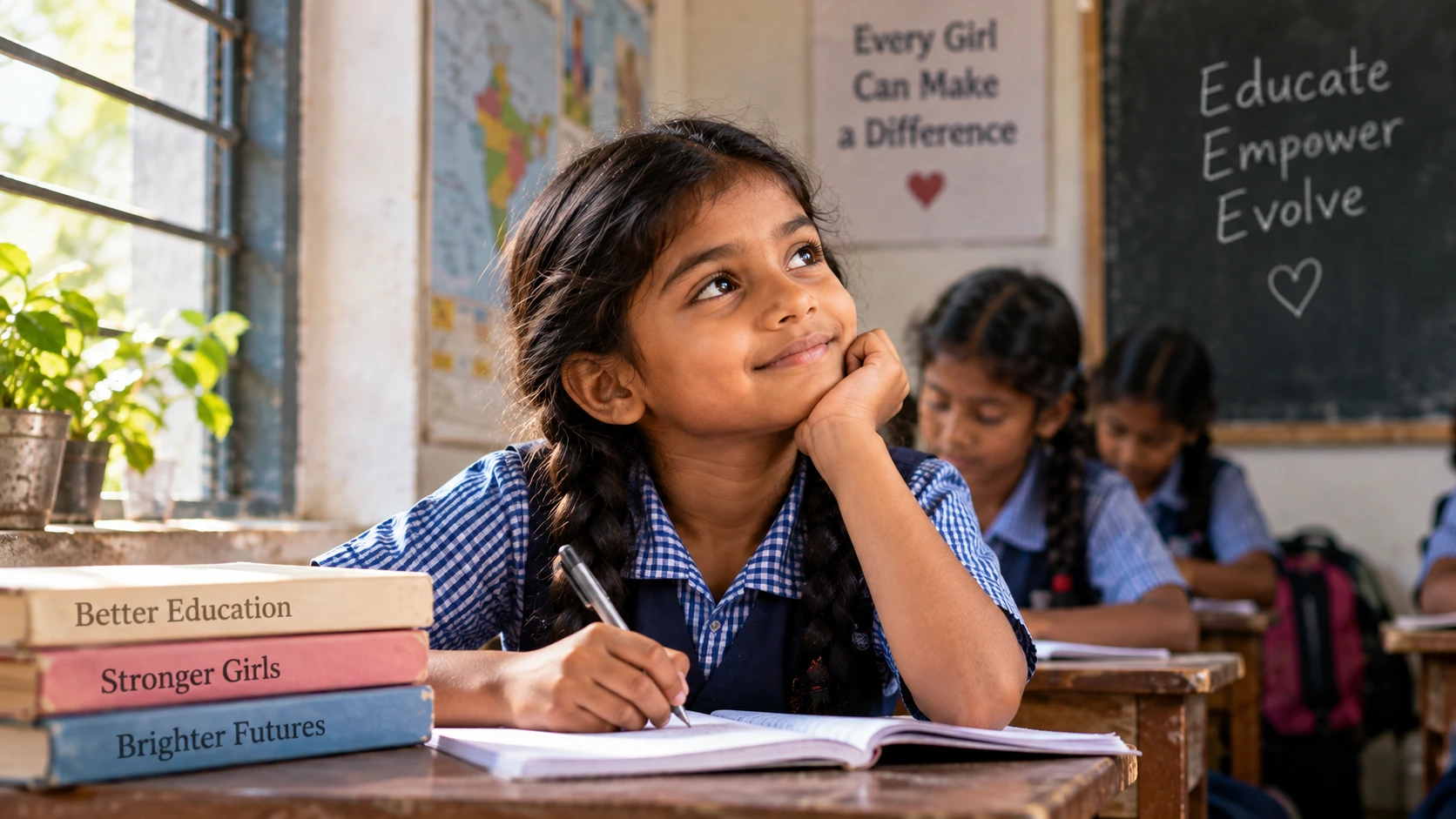 Schoolgirl studying in a classroom while facing challenges related to girl child education and empowerment