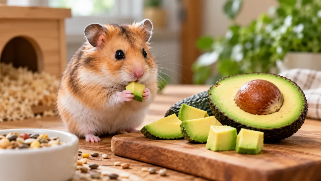 Hamster holding a piece of avocado beside sliced avocado on a wooden table