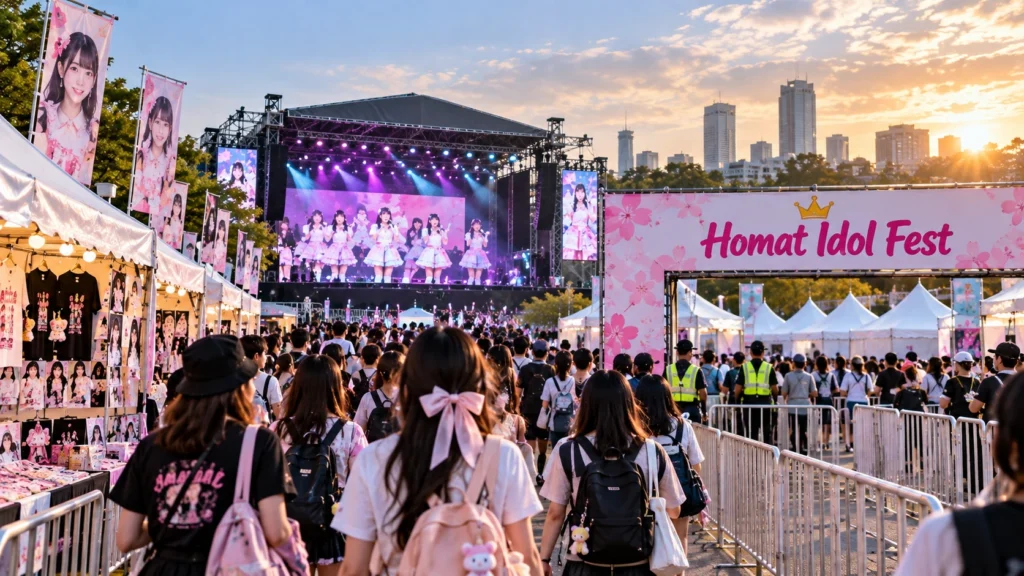 Fans arriving at Homat Idol Fest through the festival entrance, with merchandise booths, security staff, and a live idol performance on stage