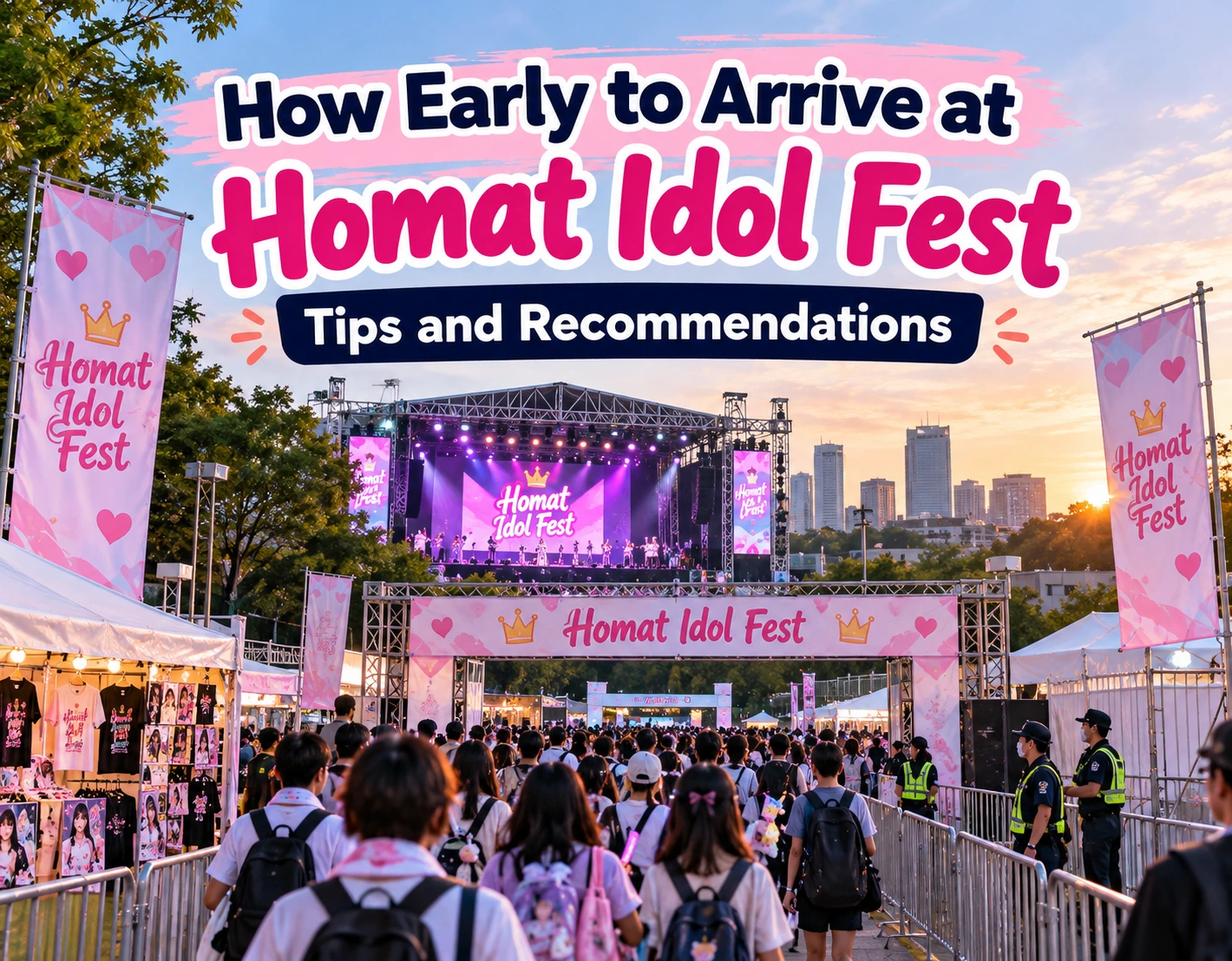 How early to arrive at Homat Idol Fest with festival entrance, stage lights, and fans arriving for live performances