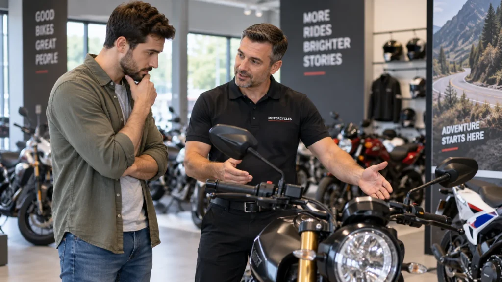 Customer comparing motorcycles with a dealer in a modern motorcycle showroom
