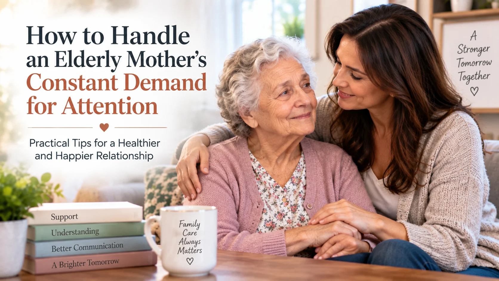 Adult daughter supporting her elderly mother with compassion, understanding, and meaningful companionship