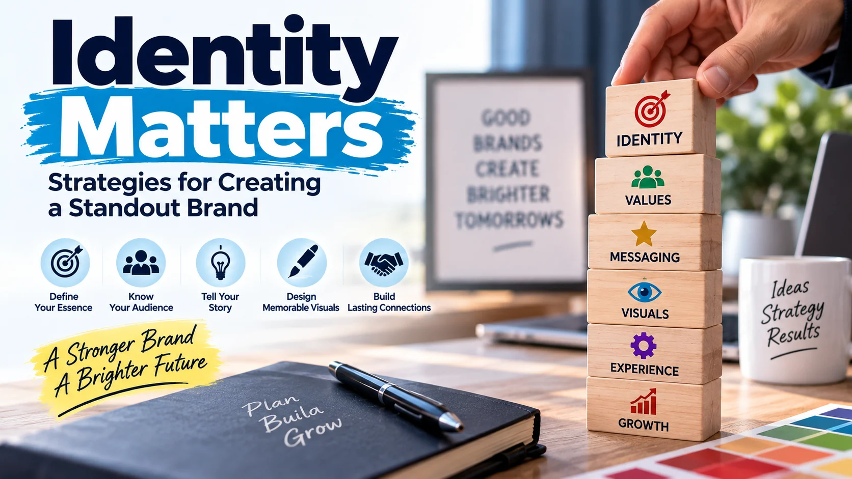 Identity Matters guide showing brand identity, values, messaging, visual identity, customer experience, and business growth