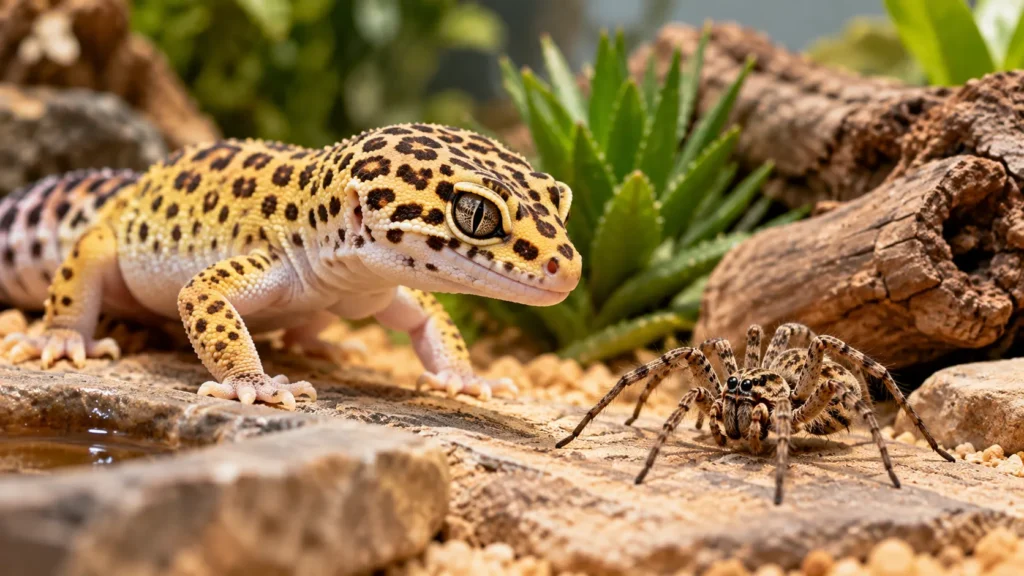 Leopard gecko observing a spider in a naturalistic terrarium while exploring its potential diet