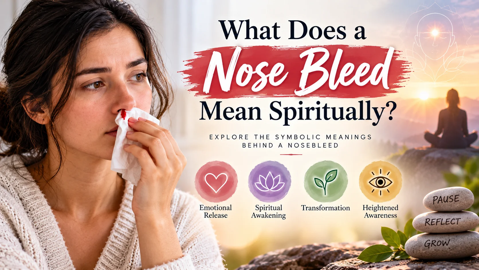 Woman with a nosebleed reflecting on spiritual meanings including emotional release and spiritual awakening