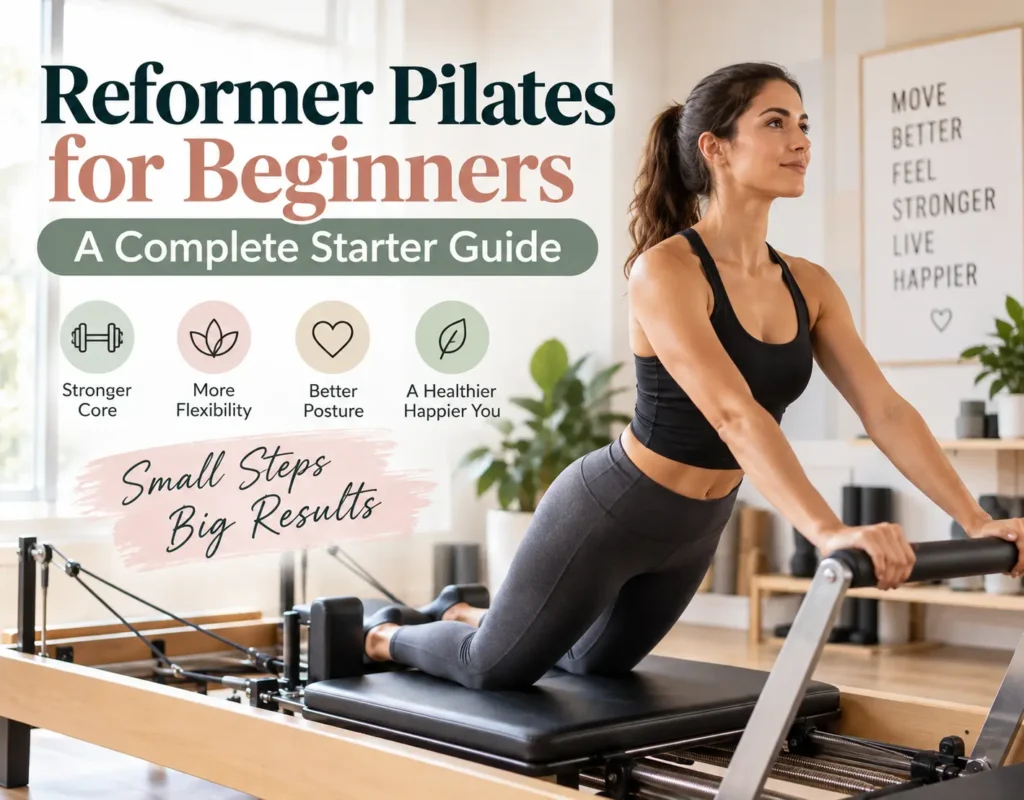 Reformer Pilates for beginners performing a workout in a modern Pilates studio