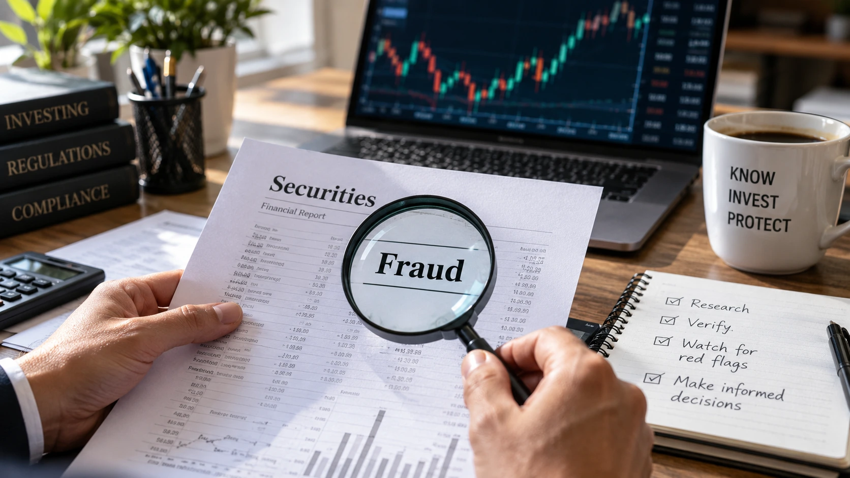 Investor reviewing financial documents for securities fraud warning signs