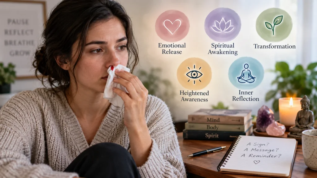 Woman experiencing a nosebleed while reflecting on spiritual meanings such as emotional release and transformation