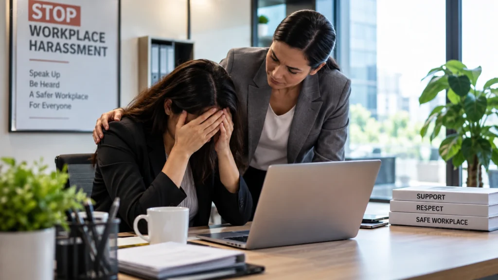 Employee receiving support after experiencing workplace harassment