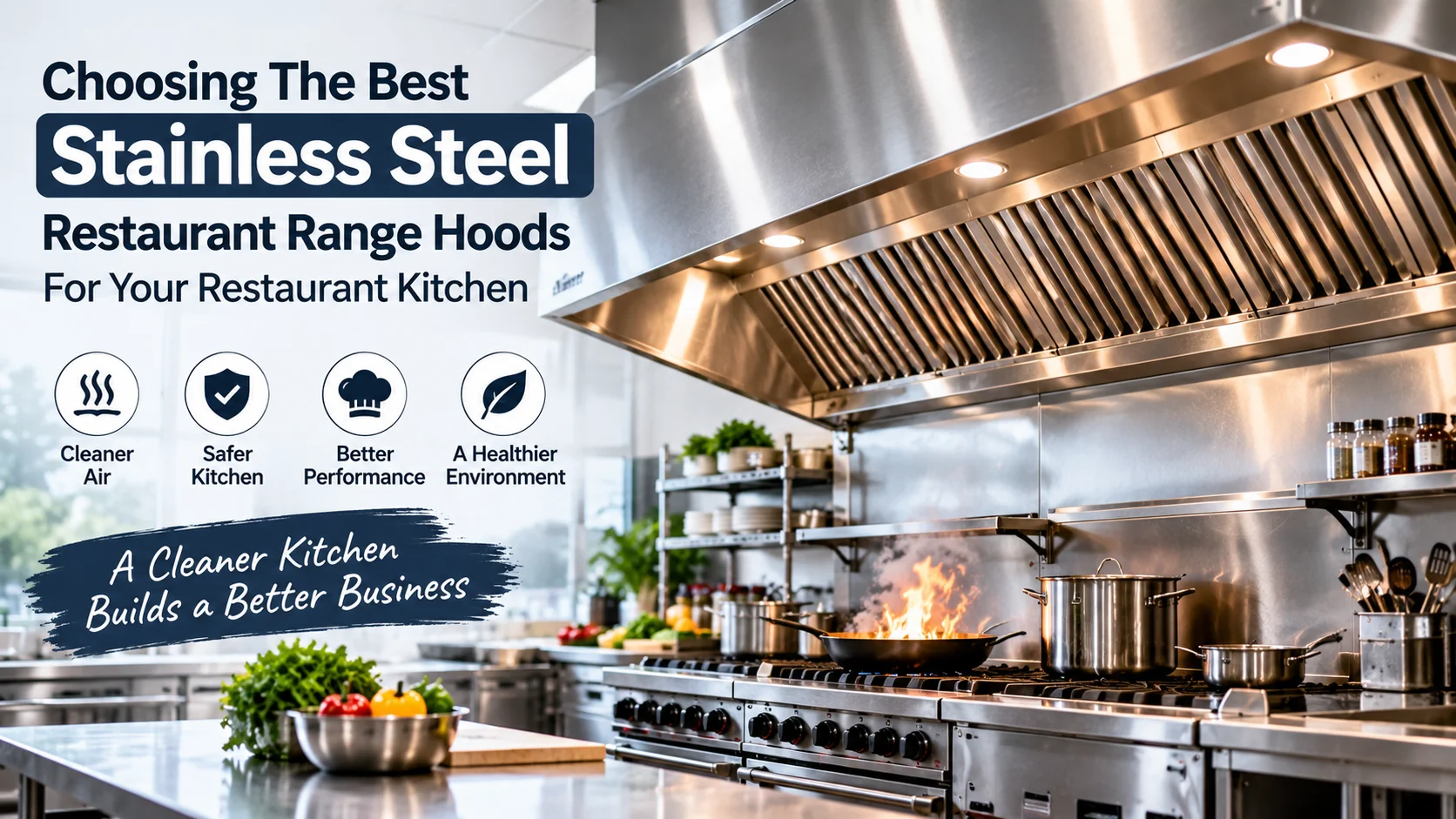 Stainless steel restaurant range hood over commercial cooking equipment in a professional kitchen