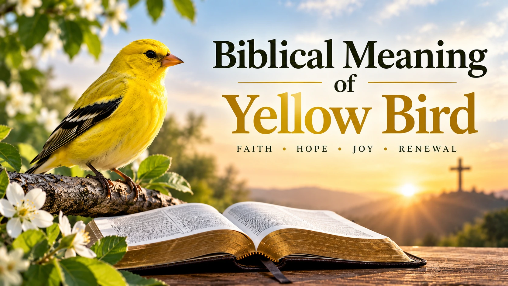Biblical meaning of a yellow bird with an open Bible, sunrise, and cross