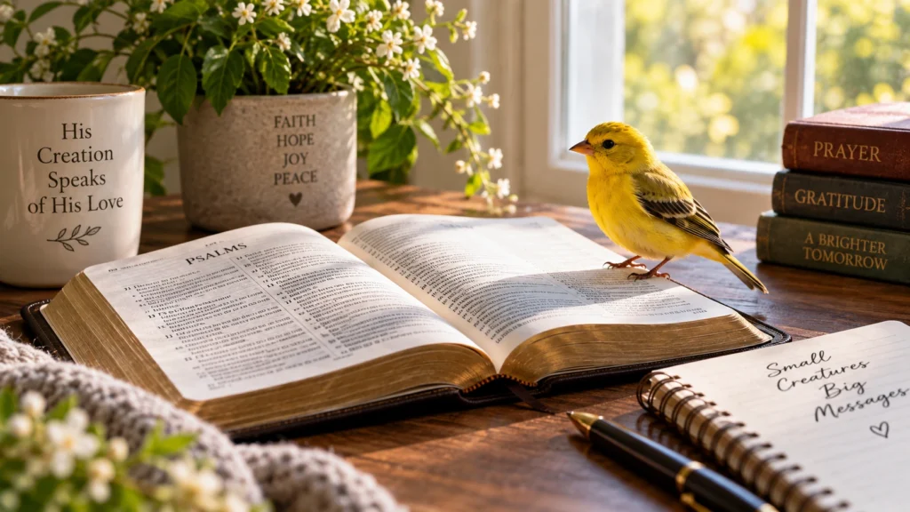 Yellow bird beside an open Bible representing faith, hope, joy, and God's care