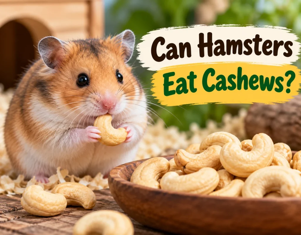 Hamster eating a cashew with a bowl of cashews nearby