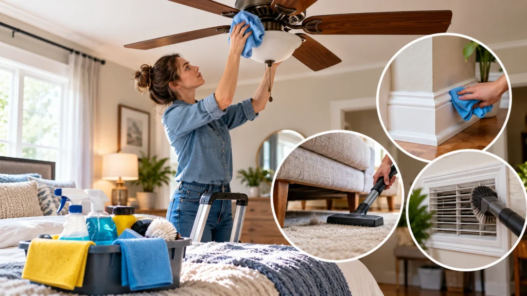Woman cleaning a ceiling fan with close-ups of baseboards, furniture, and air vents
