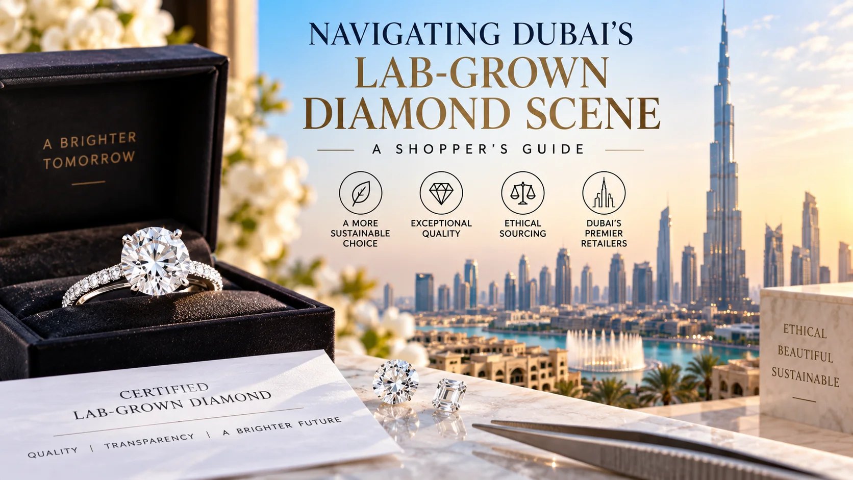 Dubai lab-grown diamond shopping guide featuring a certified diamond ring, jewellery and Dubai skyline