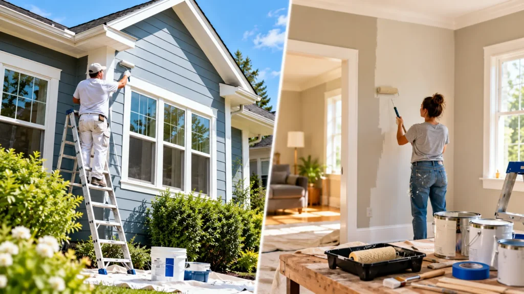 Realistic exterior and interior house painting project with painters, ladders, paint rollers, and supplies