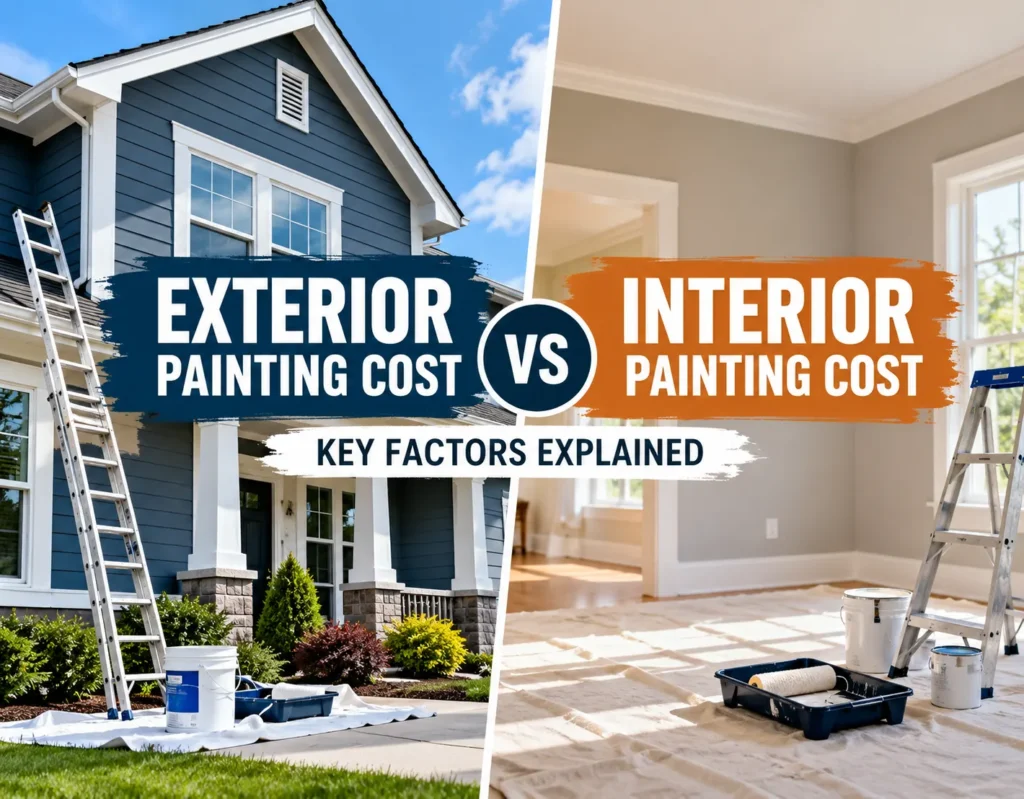 Exterior vs interior painting cost comparison showing a house exterior and interior painting project