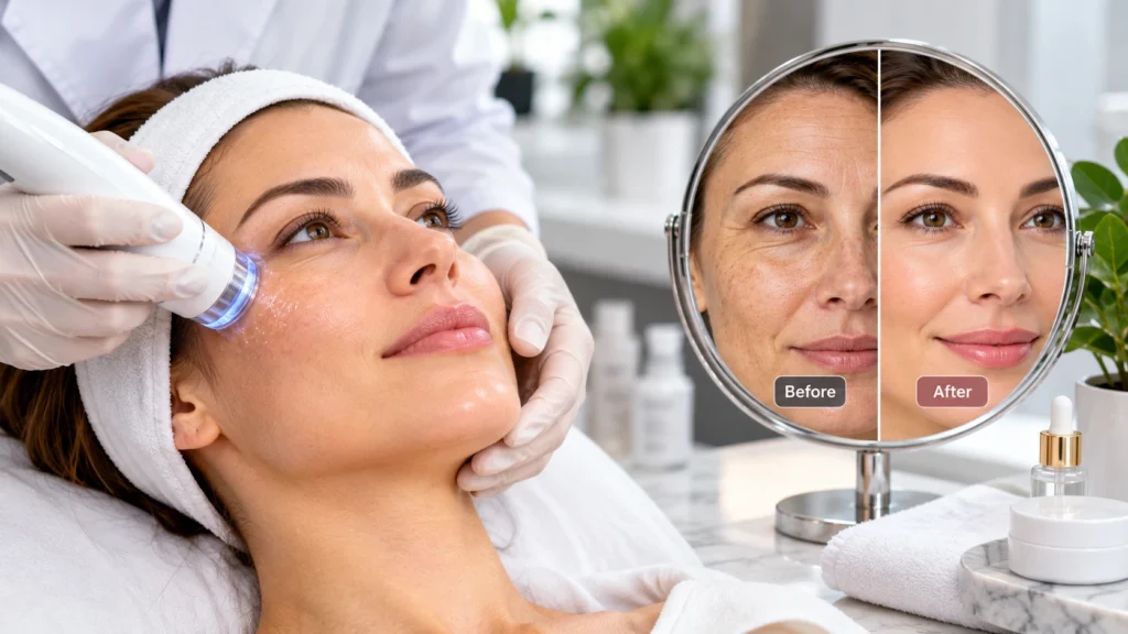 Facial rejuvenation treatment in a modern clinic with before and after skin results
