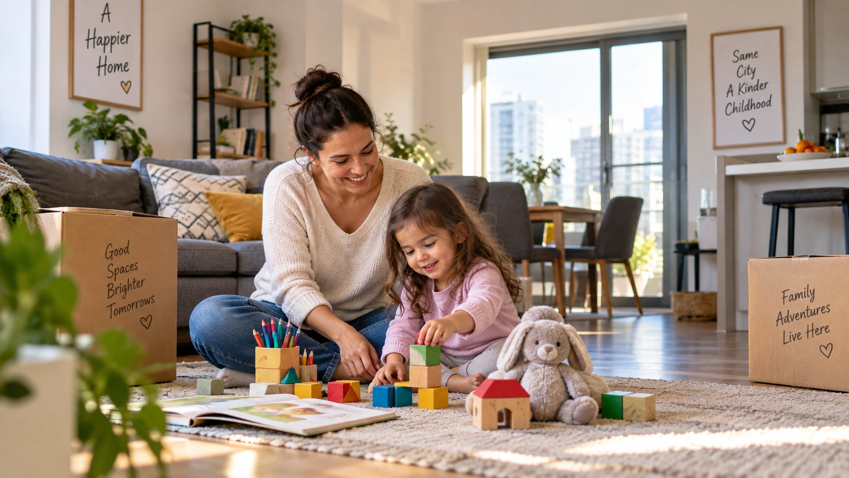 Mother and child playing together in a spacious family-friendly apartment