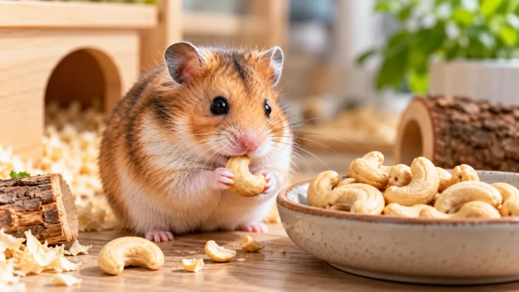Hamster holding and eating a cashew beside a bowl of cashews