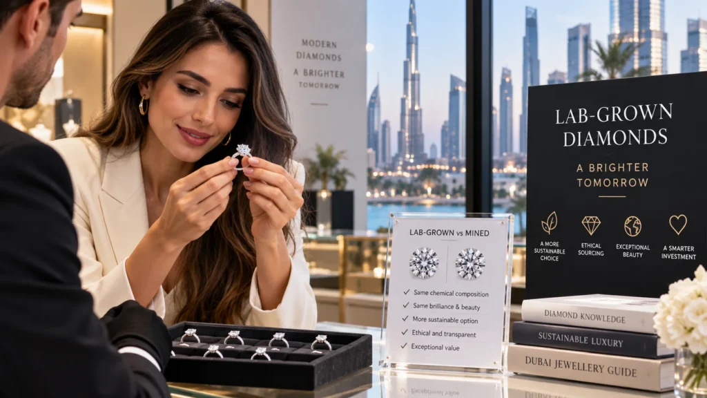 Shopping for lab-grown diamonds in Dubai with a jeweller comparing diamond rings and certification