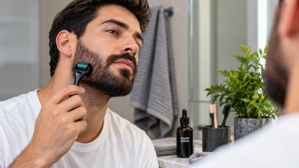 Man using a beard roller as part of a beard grooming routine