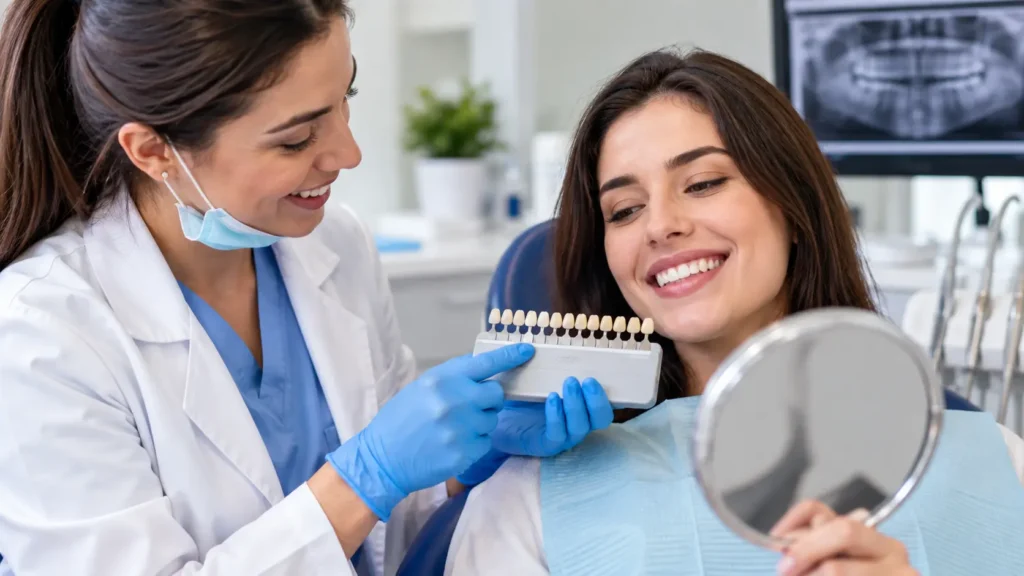 Dentist comparing normal tooth color with a dental shade guide
