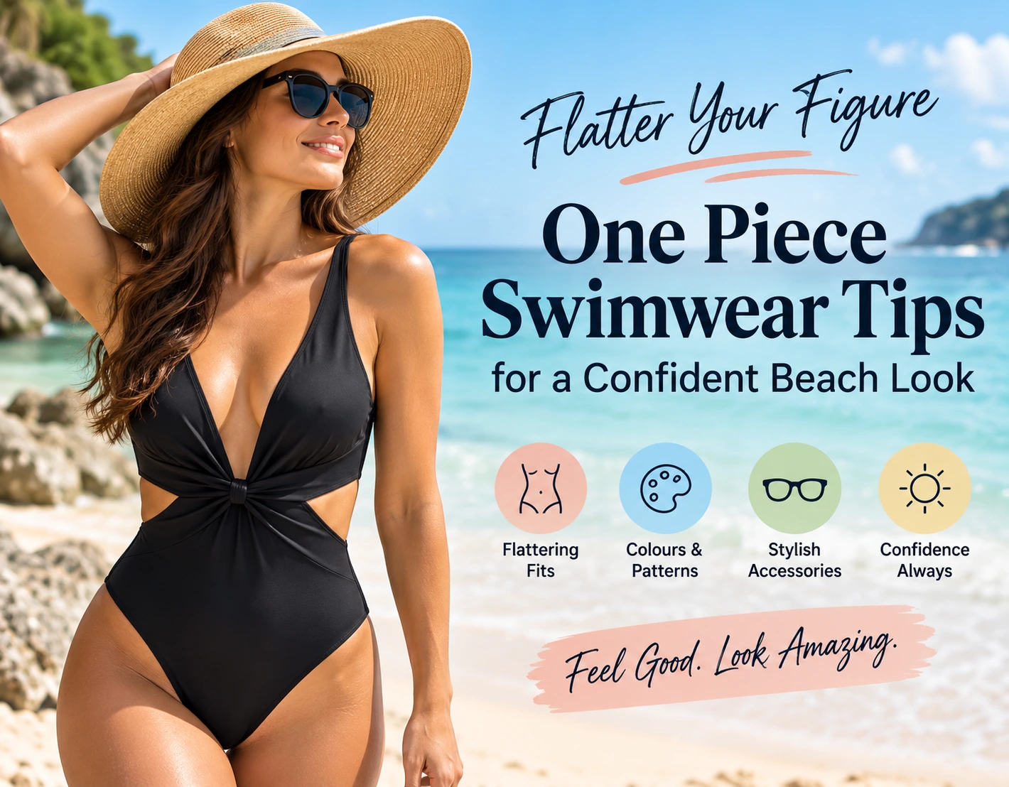 Woman wearing one piece swimwear for a confident beach look