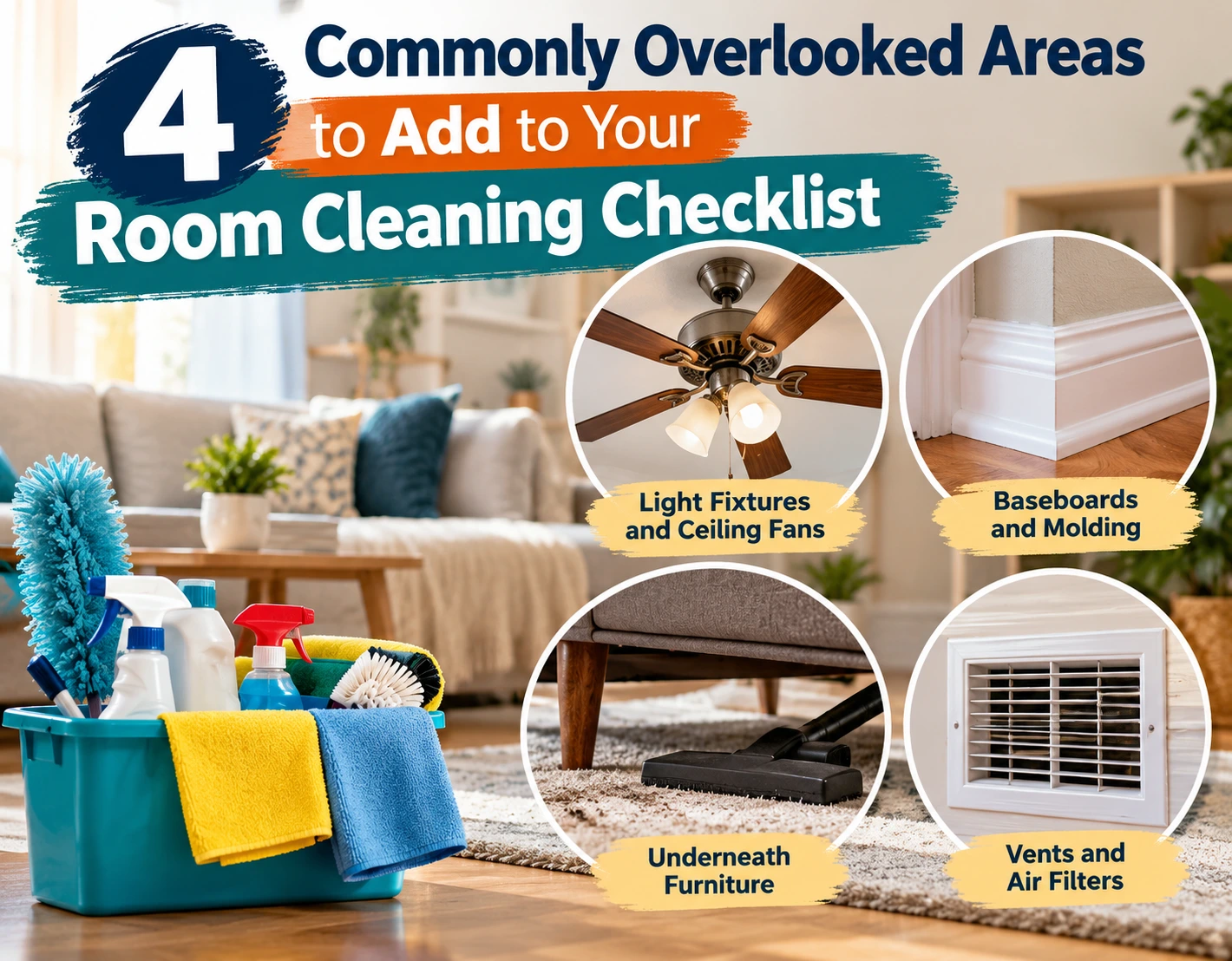 Room cleaning checklist showing four commonly overlooked areas to clean