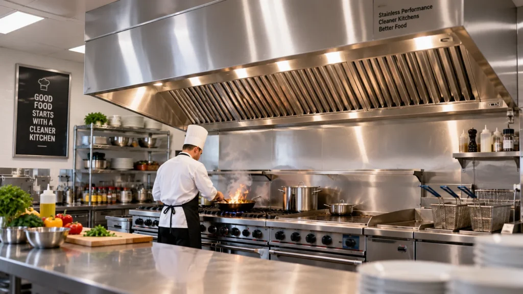 Commercial chef cooking beneath a stainless steel restaurant range hood in a professional kitchen